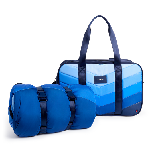 STATE Bags Redwood Sleeping Bag and Rockaway Blue Chevron Front View Click to Zoom