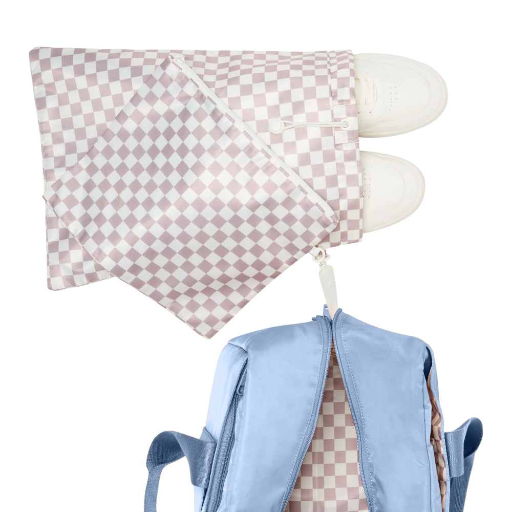 STATE Bags Wellington Weekender Nylon Ice Blue Detail Shot Overhead View Click to Zoom