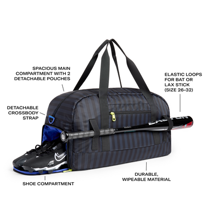 STATE Bags Fenway Sports Duffle Blue Gray Striped Features Callout Click to Zoom