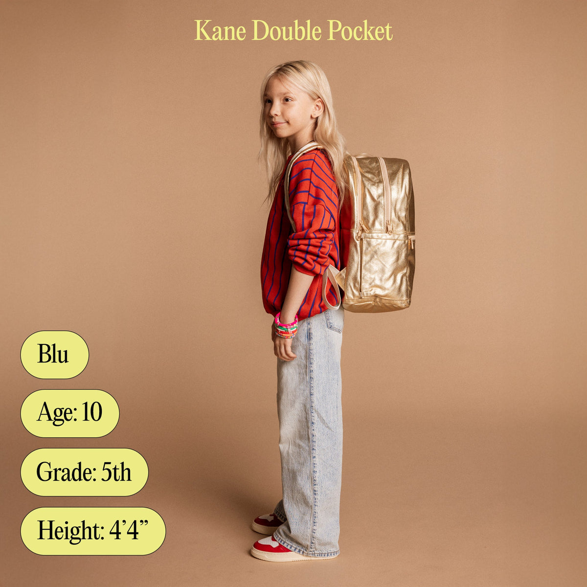 Kane Double Pocket on model with age, grade, and height