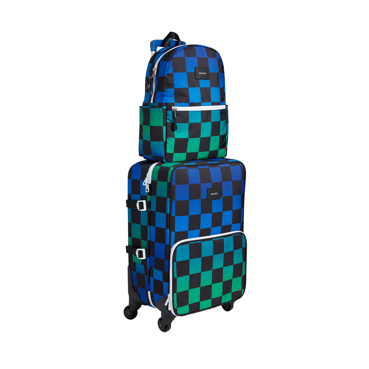 Product image of STATE Bags travel set in blue checkerboard including, Logan suitcase and Kane Kids Travel backpack