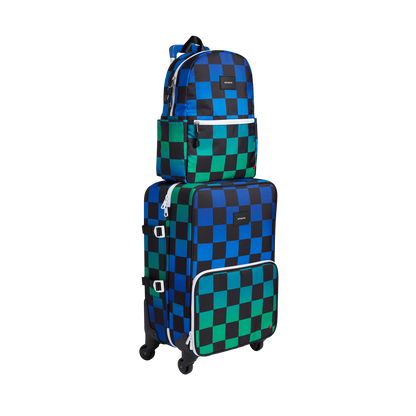 Product image of STATE Bags travel set in blue checkerboard including, Logan suitcase and Kane Kids Travel backpack