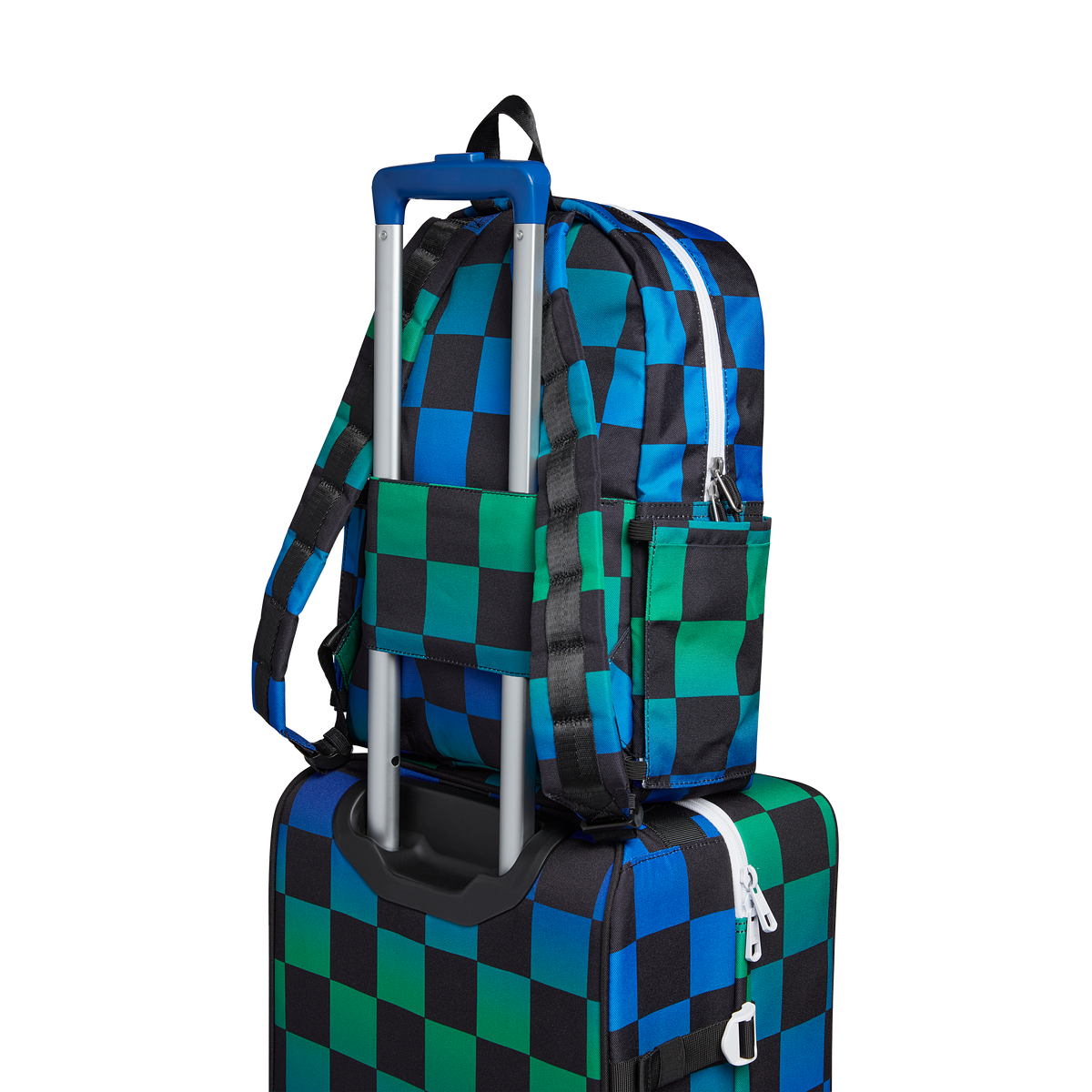 state bags kane kids travel backpack printed canvas blue checkerboard back view travel sleeve slid through suitcase handle click to zoom