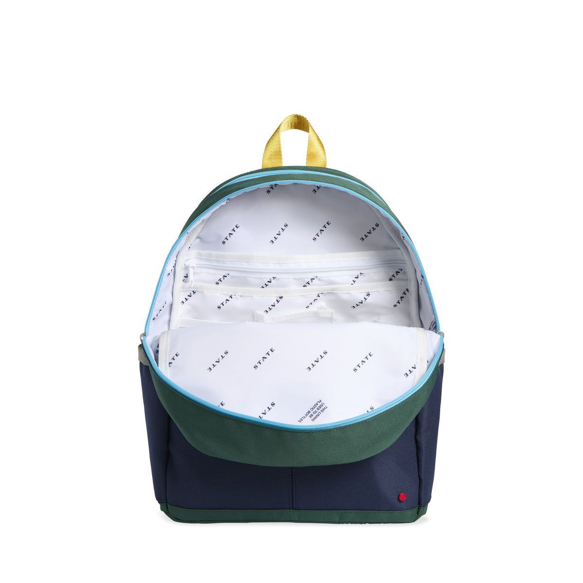 state bags kane kids double pocket backpack polyester canvas green/navy interior front view click to zoom