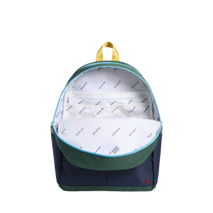 state bags kane kids double pocket backpack polyester canvas green/navy interior front view click to zoom