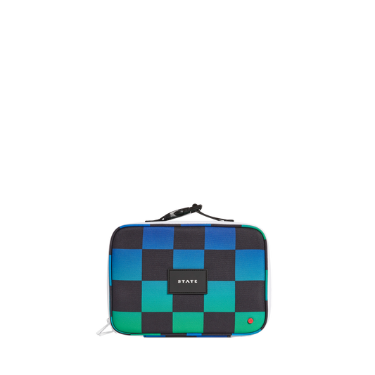 State bags rodgers lunchbox recycled poly canvas checkerboard blue front view click to zoom