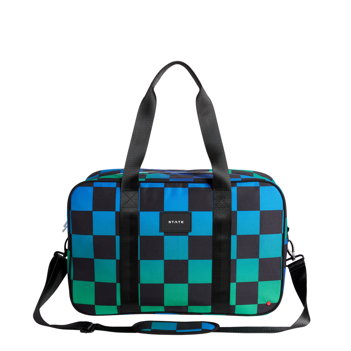 state bags rockaway duffle polyester canvas blue checkerboard front view on luggage click to zoom