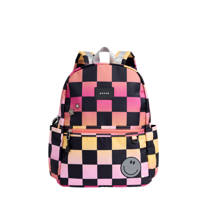 state bags kane kids double pocket backpack recycled poly canvas checkerboard pink front view click to zoom