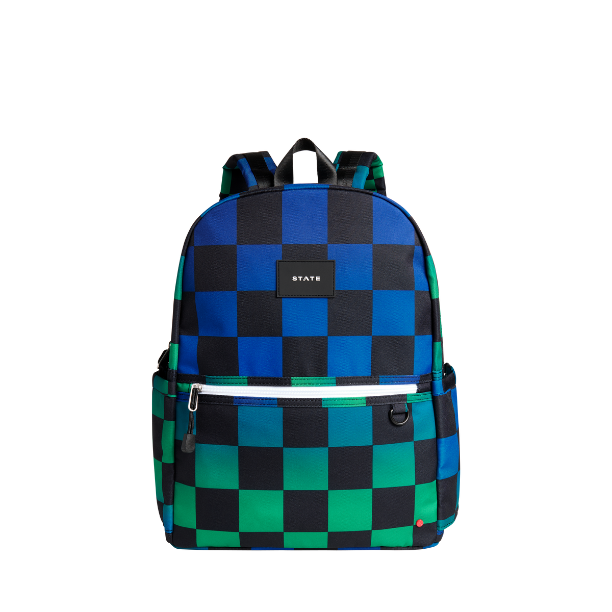state bags kane kids double pocket backpack recycled poly canvas checkerboard blue front view click to zoom