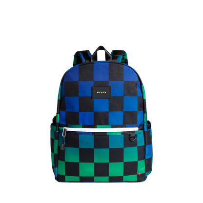 state bags kane kids double pocket backpack recycled poly canvas checkerboard blue front view click to zoom