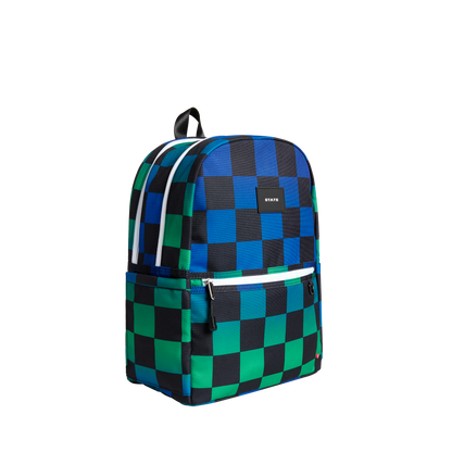 state bags kane kids double pocket backpack recycled poly canvas checkerboard blue side view click to zoom
