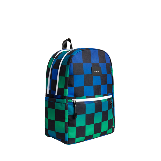 state bags kane kids double pocket backpack recycled poly canvas checkerboard blue side view click to zoom