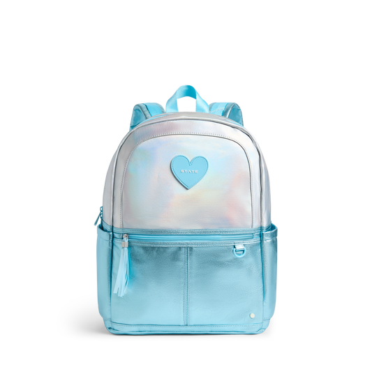 STATE Bags Kane Double Pocket Backpack Metallic Blue Iridescent Front View Click to Zoom