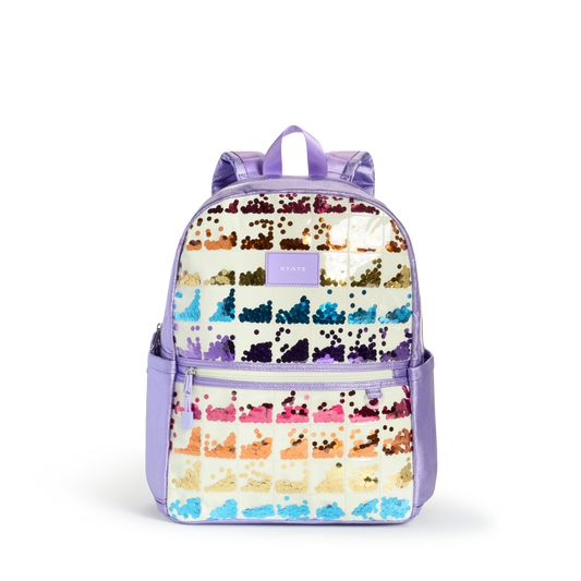 STATE Bags Kane Double Pocket Backpack Lilac Quilted Sequins Front View Click to Zoom
