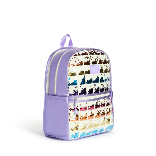 STATE Bags Kane Double Pocket Backpack Lilac Quilted Sequins Side View Click to Zoom