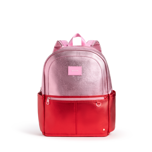STATE Bags Kane Double Pocket Large Backpack Pink/Red Metallic Colorblock Front View Click to Zoom