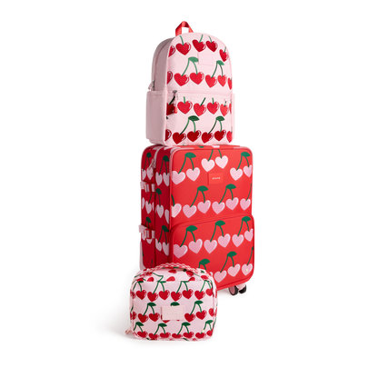STATE Bags Logan Carry-On Suitcase Cherry with Kane Backpack Cherry and Bensen Toiletry Kit Cherry Front View Click to Zoom