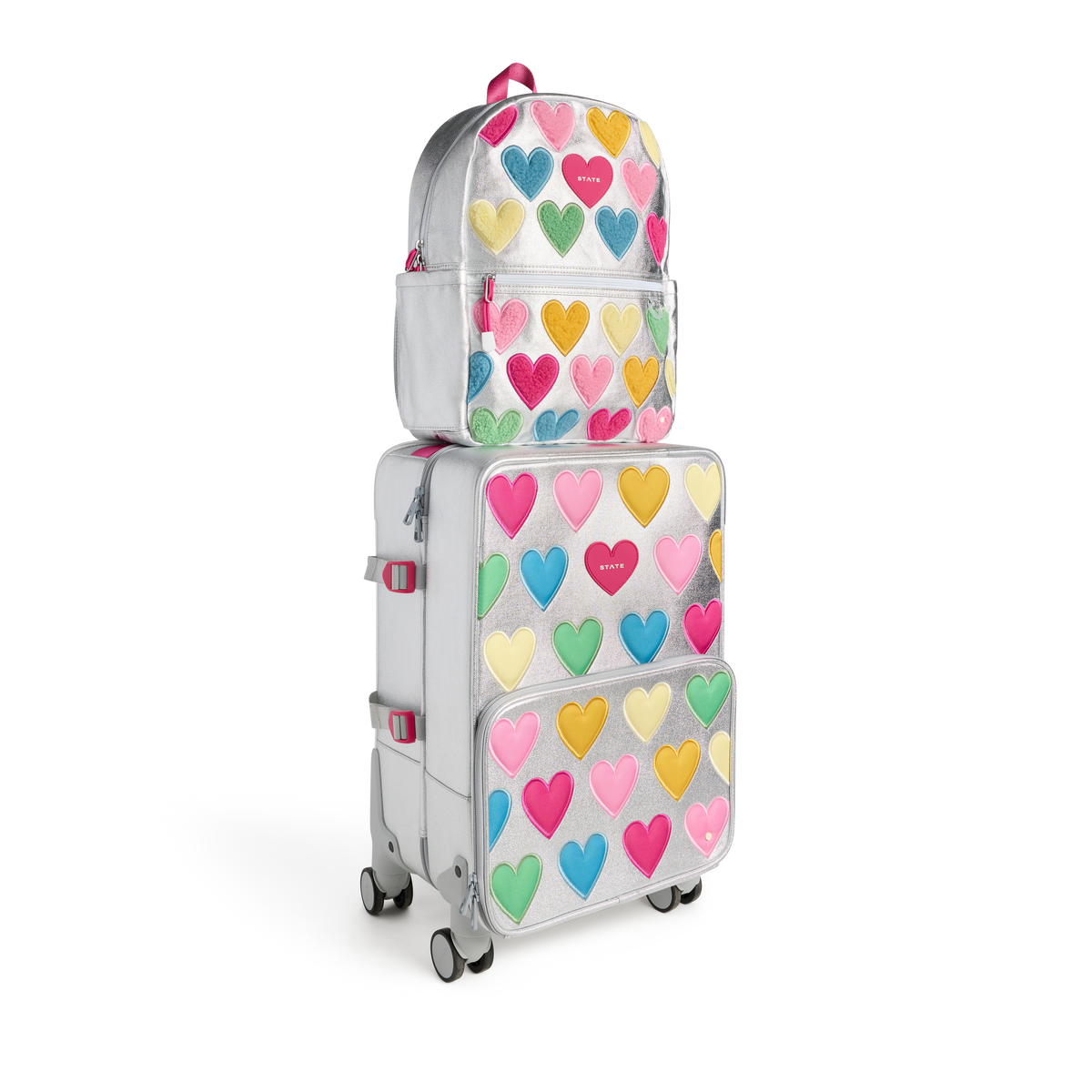 STATE Bags Logan carry-On Suitcase Happy fuzzy Hearts Front Side View Click to Zoom