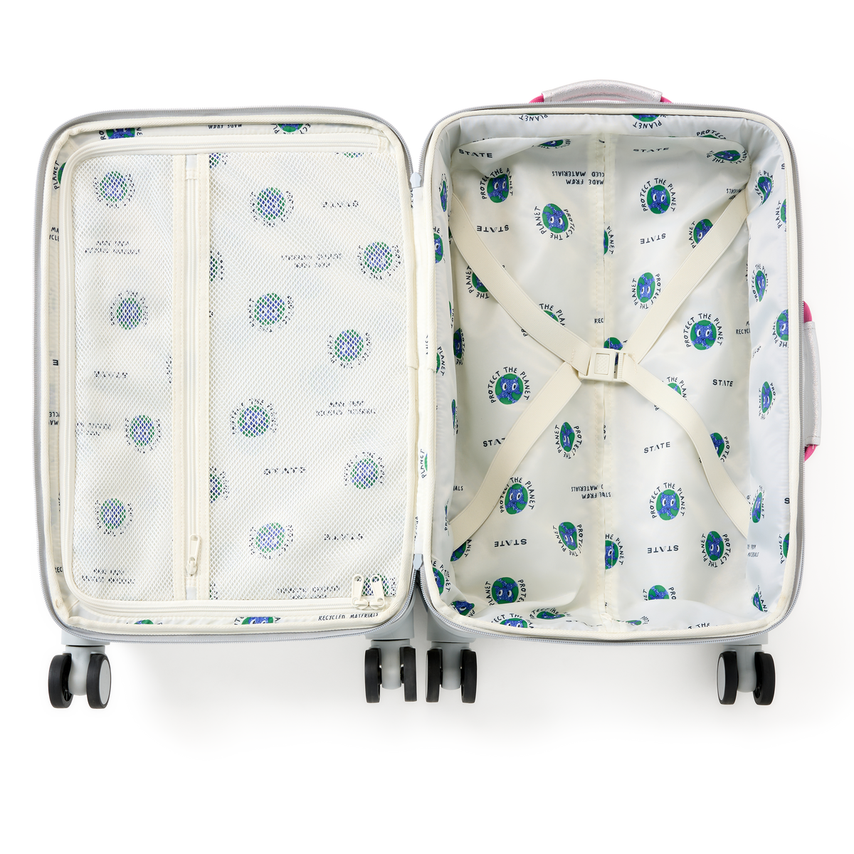 STATE Bags Logan carry-On Suitcase Happy fuzzy Hearts Overhead interior View Click to Zoom